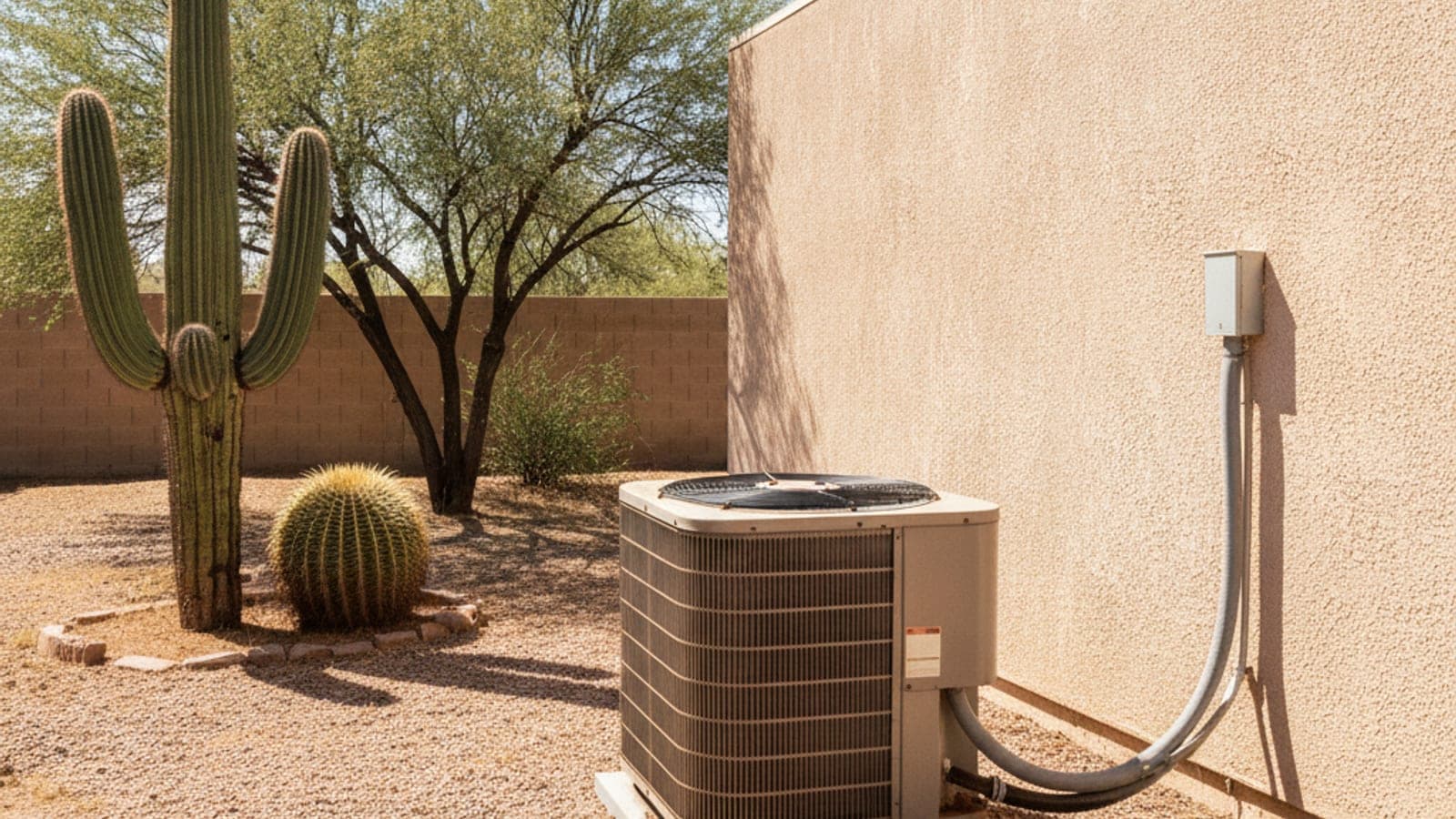 Condensador de aire acondicionado viejo con polvo en el serpentín junto a una pared de estuco y un cacto barril bajo la luz de Tucson