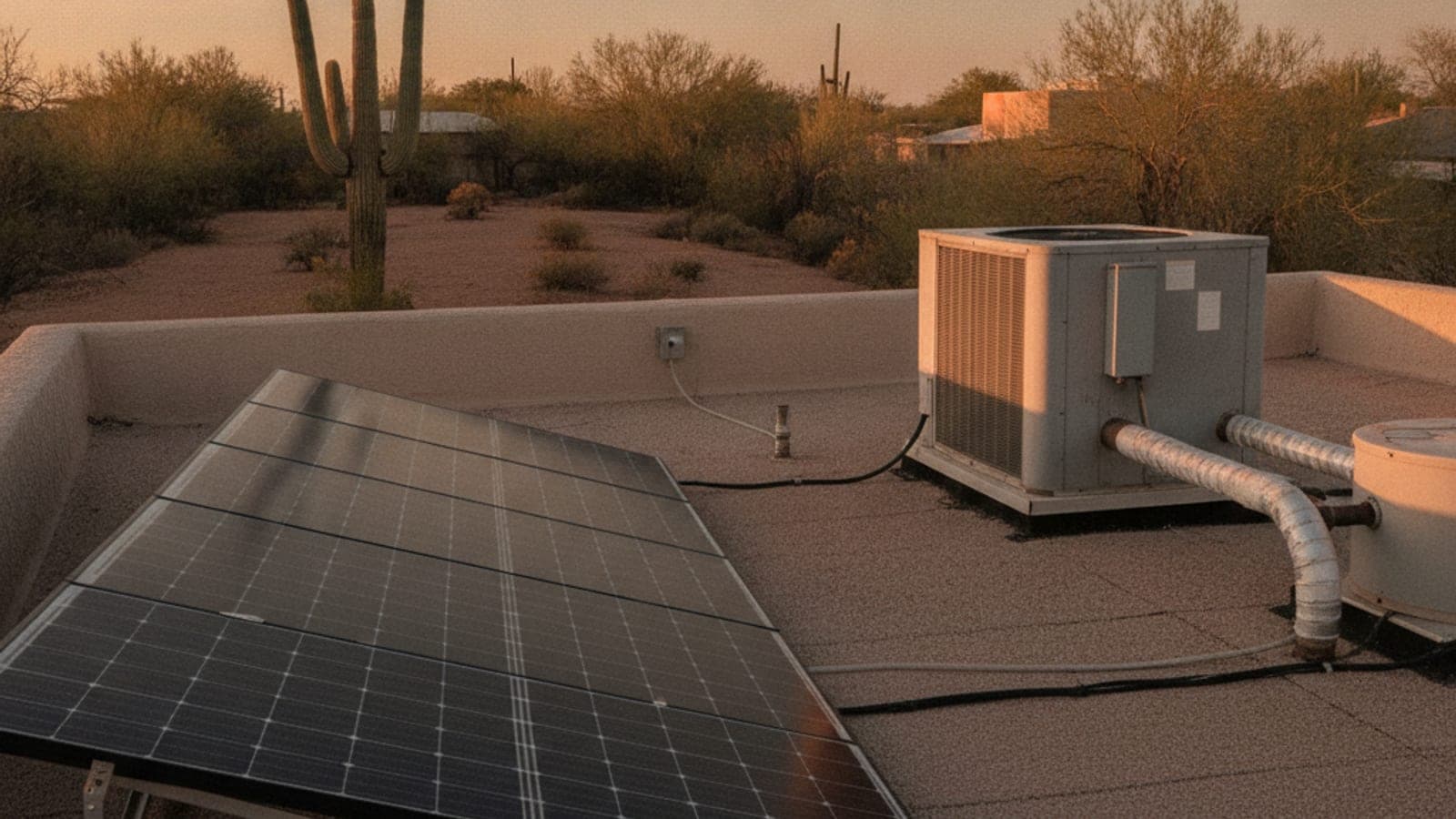 Paneles solares en el techo plano de una casa de Tucson con una unidad de aire acondicionado junto a ellos bajo el sol de la tarde
