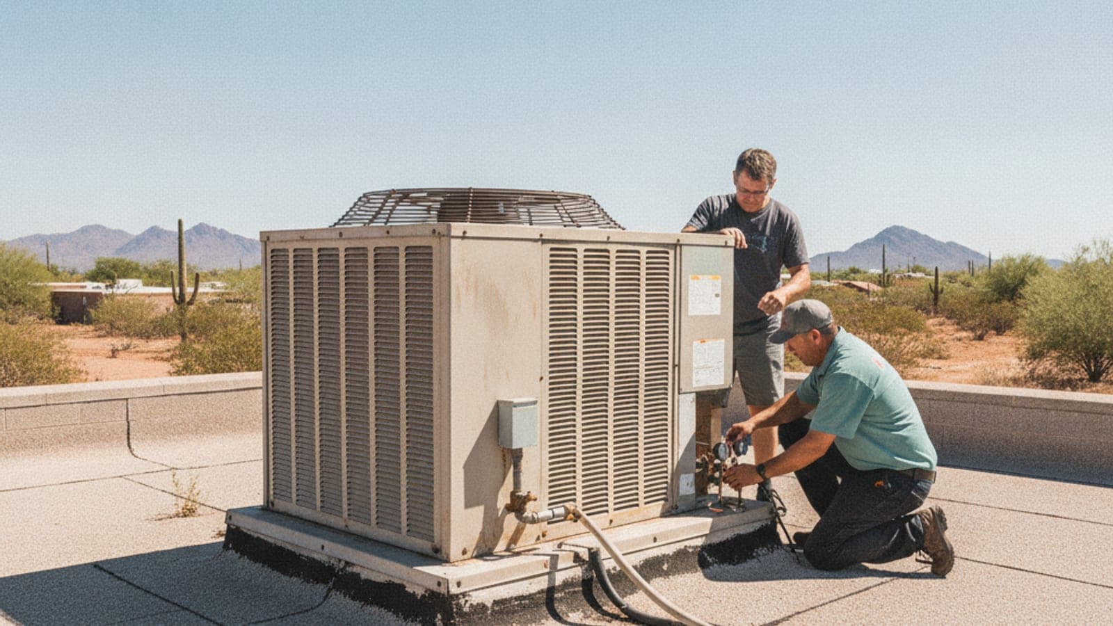 Unidad de aire acondicionado en el techo plano de una casa de bloque en Tucson bajo el sol fuerte del desierto