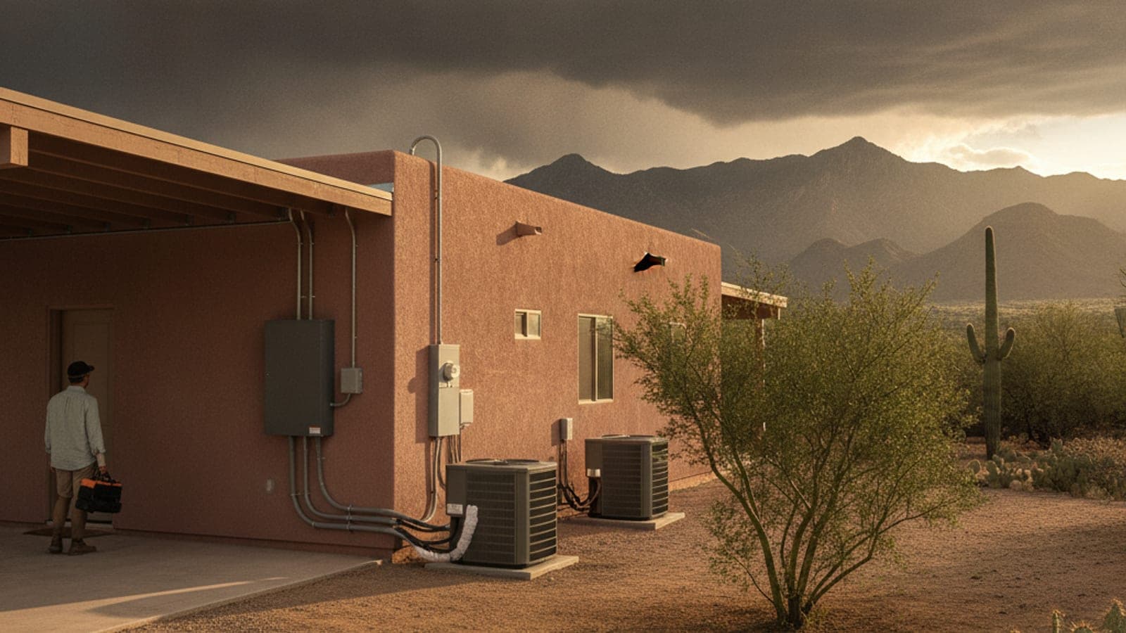 Casa de estuco en Tucson con un gabinete de batería en la pared de una cochera con sombra y una unidad condensadora en el techo, con un saguaro y nubes de tormenta