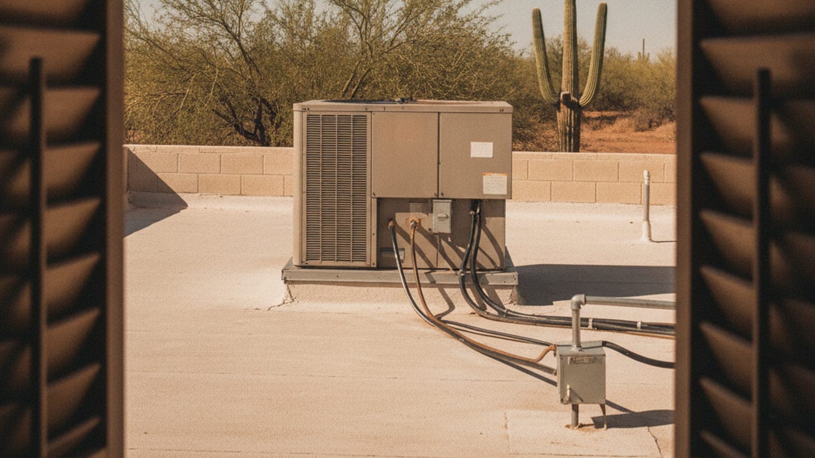 Unidad de aire acondicionado en el techo plano de una casa de bloque en Tucson bajo un cielo azul intenso