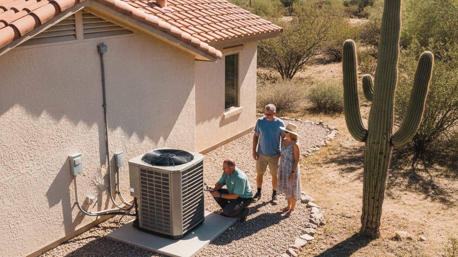 Casa de estuco en Tucson bajo un cielo blanco por el calor, con la unidad exterior del aire sobre una base de grava y un saguaro al lado