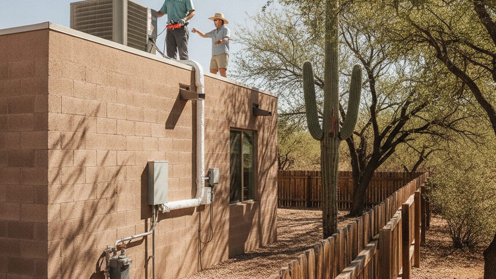 Casa de techo plano con una unidad de aire acondicionado en el techo bajo un cielo caliente y blanquiazul en el desierto de Sonora