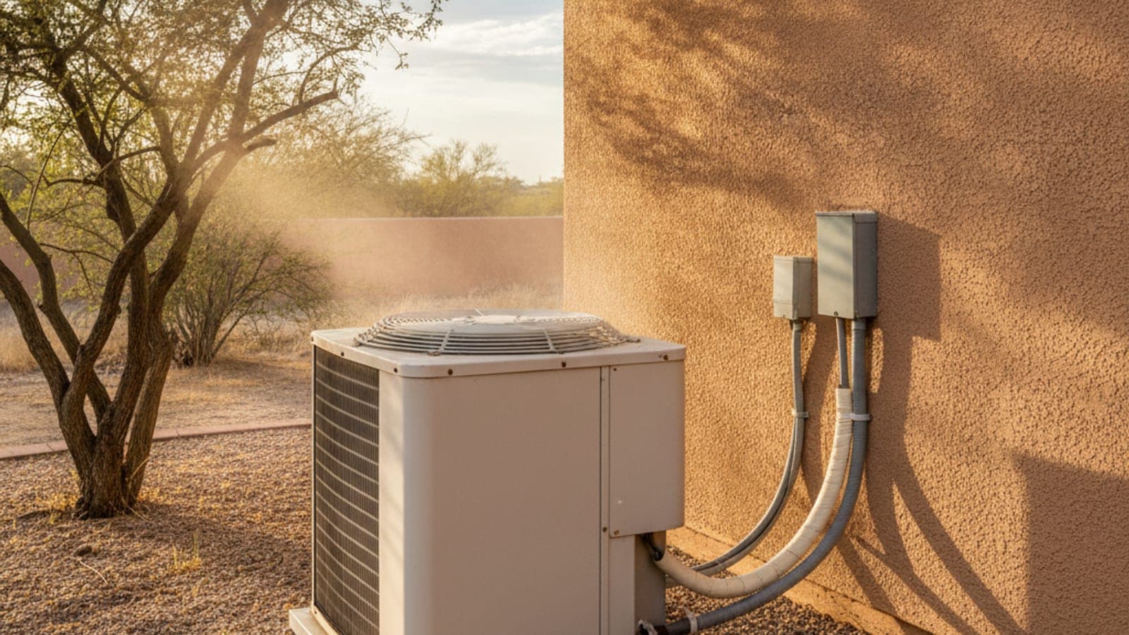 Unidad exterior de aire acondicionado sobre una base de grava junto a una pared de estuco en Tucson, con el calor de la tarde y un mezquite detrás