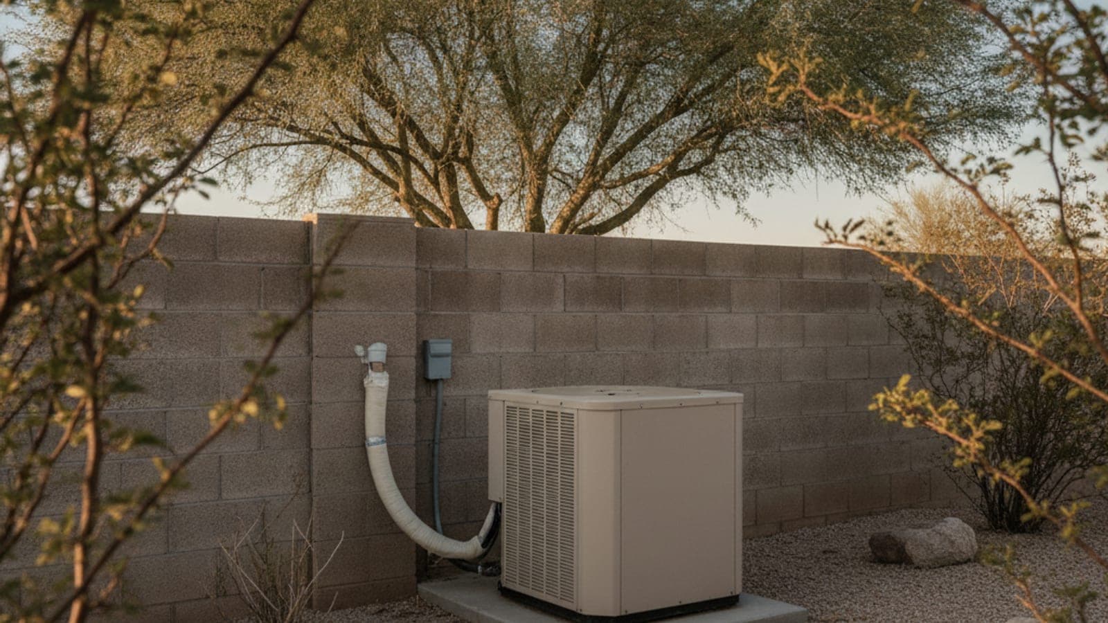 Condensador de aire acondicionado sobre una base de concreto junto a una barda de block y un palo verde en Tucson