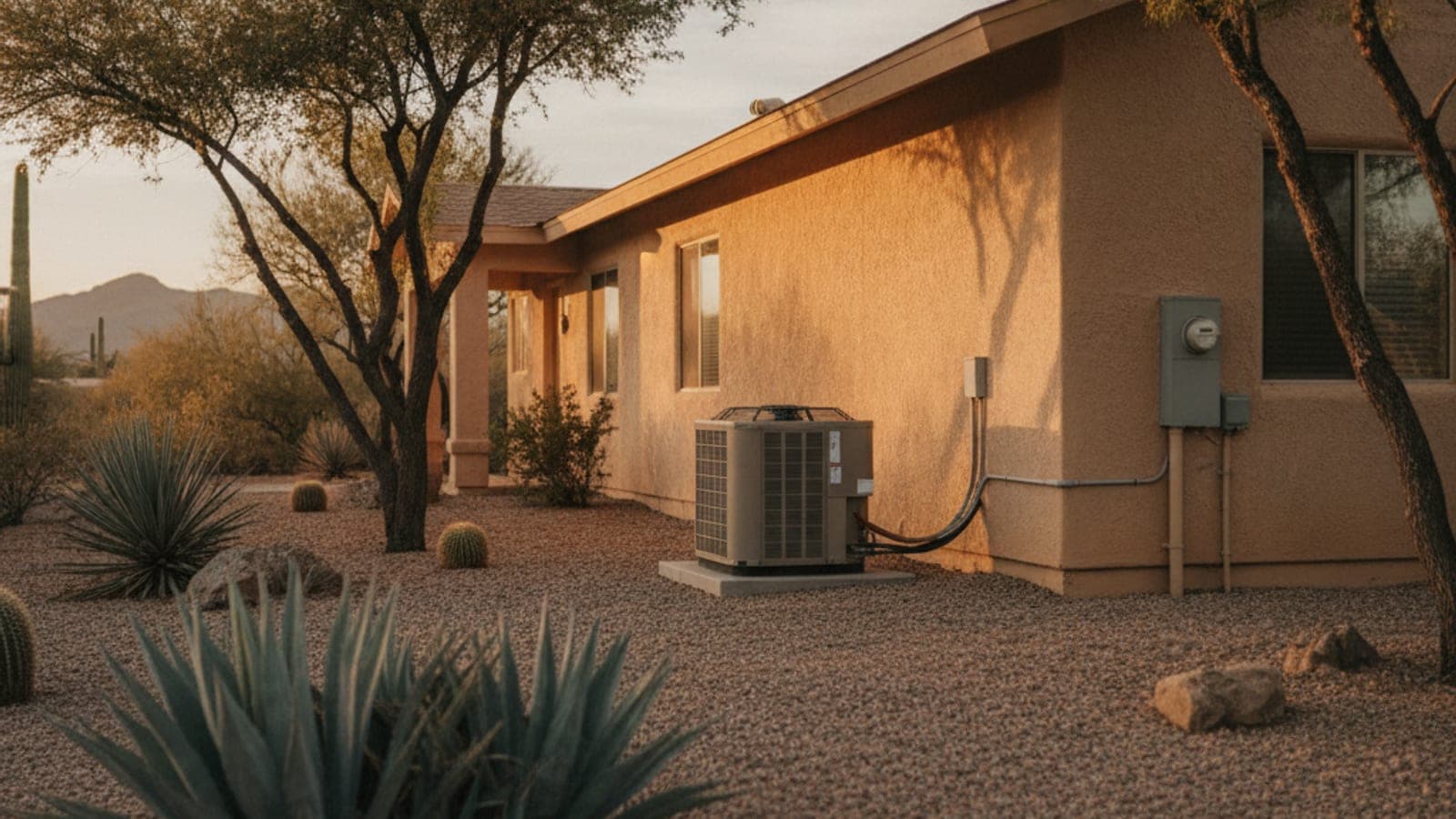 Casa de estuco de un piso y 2,000 pies cuadrados en Tucson con una unidad de aire a nivel del suelo, jardín de desierto y un árbol de mezquite