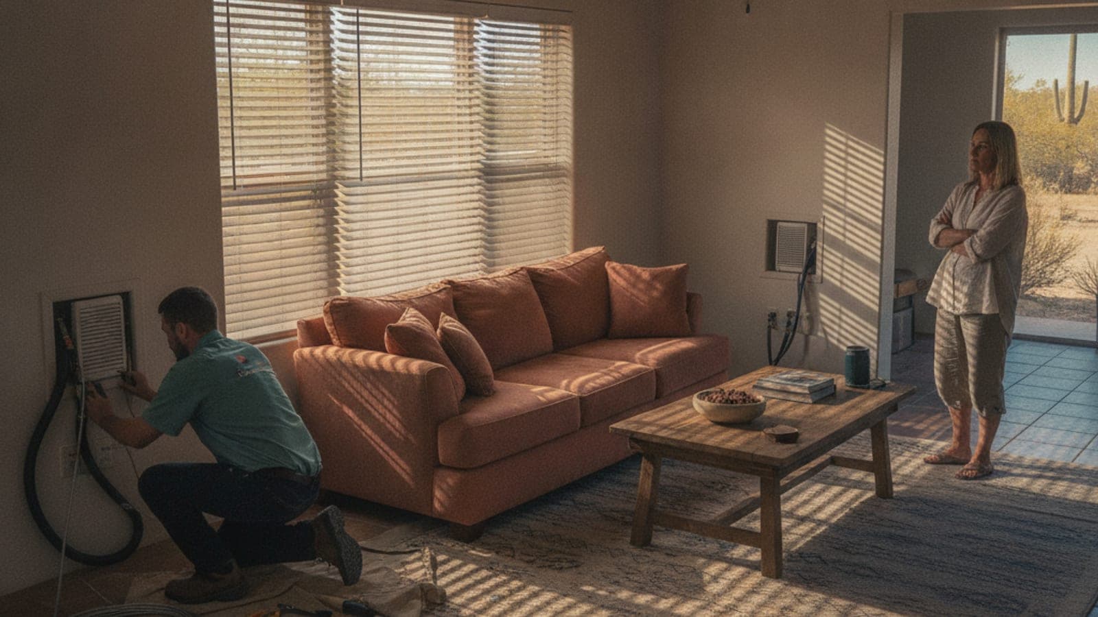 Persianas cerradas y un ventilador en una sala con sombra de una casa de estuco en Tucson bajo el sol fuerte del desierto