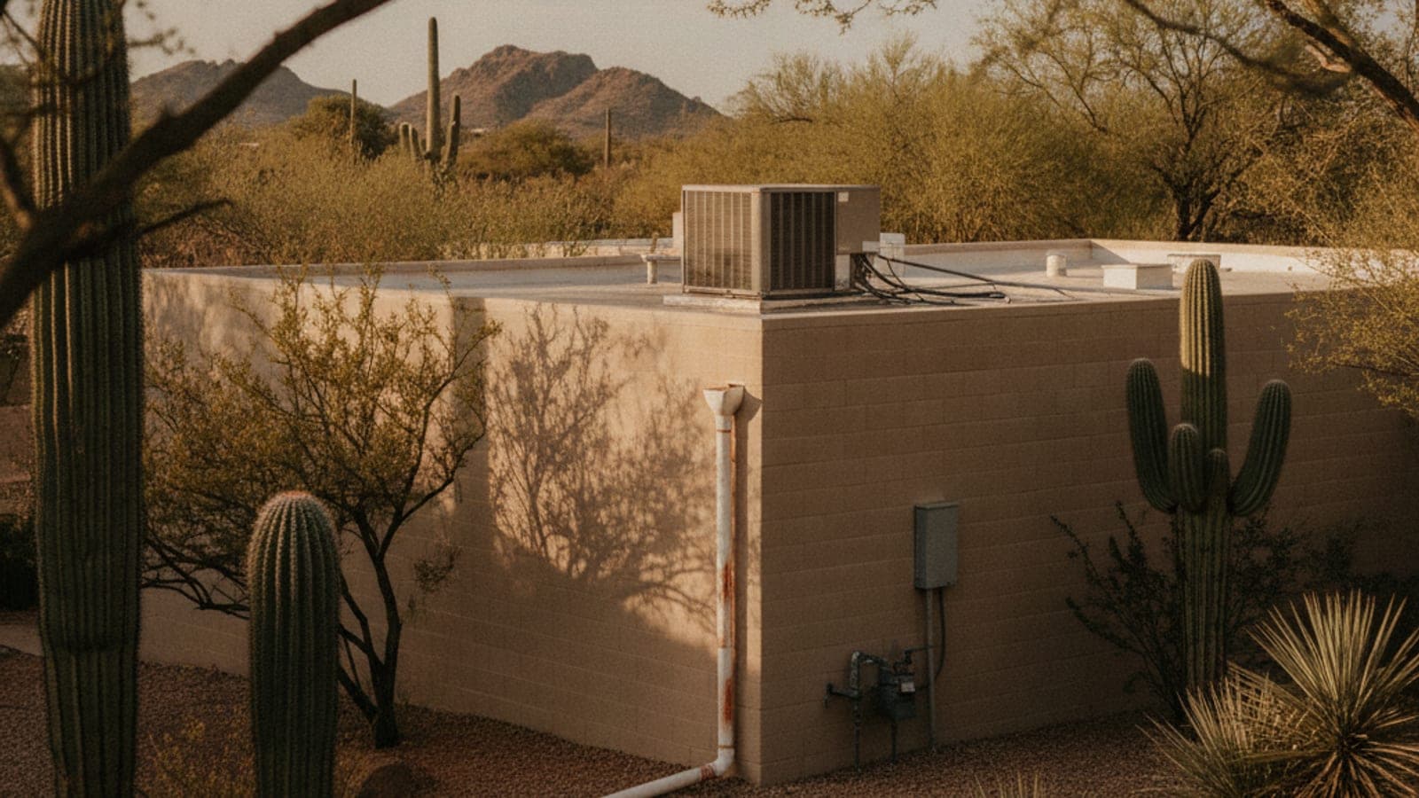 Casa de estuco con techo plano, una unidad de aire en el techo con un tubo corto de condensado y un saguaro al frente bajo la luz fuerte del desierto
