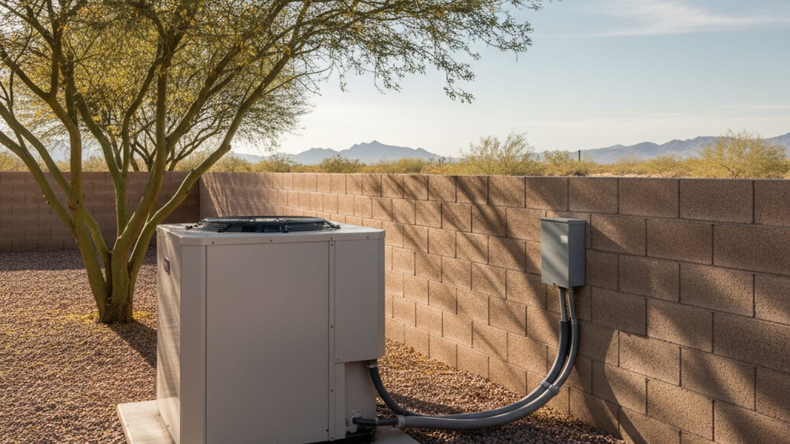 Condensador exterior de aire acondicionado con el ventilador detenido sobre una base de grava junto a una barda de bloque en Tucson bajo sol fuerte
