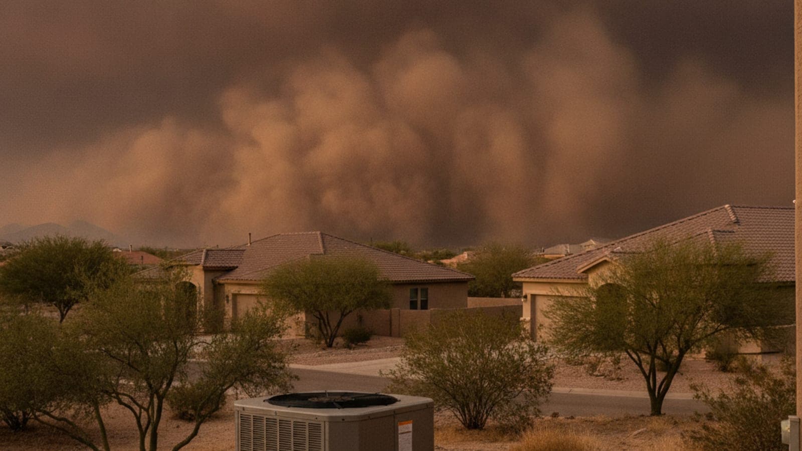 Pared de polvo café avanzando hacia un vecindario de casas de estuco en Tucson al atardecer, con palos verdes y una unidad exterior de aire acondicionado en primer plano