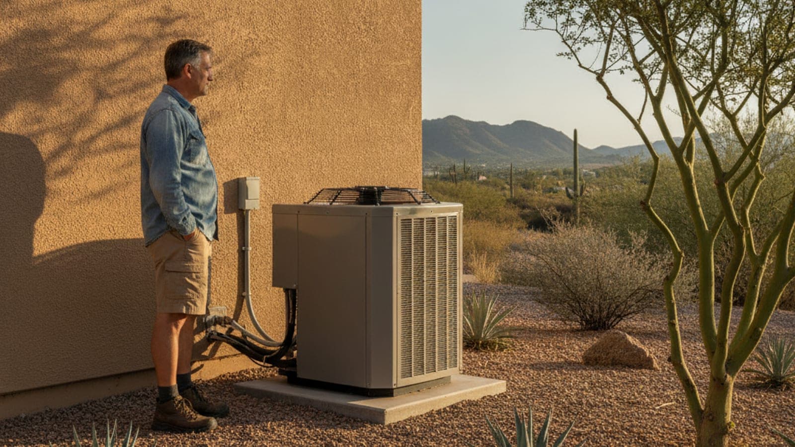 Dueño de casa escuchando junto a una unidad exterior de aire acondicionado en una casa de estuco en Tucson, con jardín de desierto y grava a la luz de la mañana