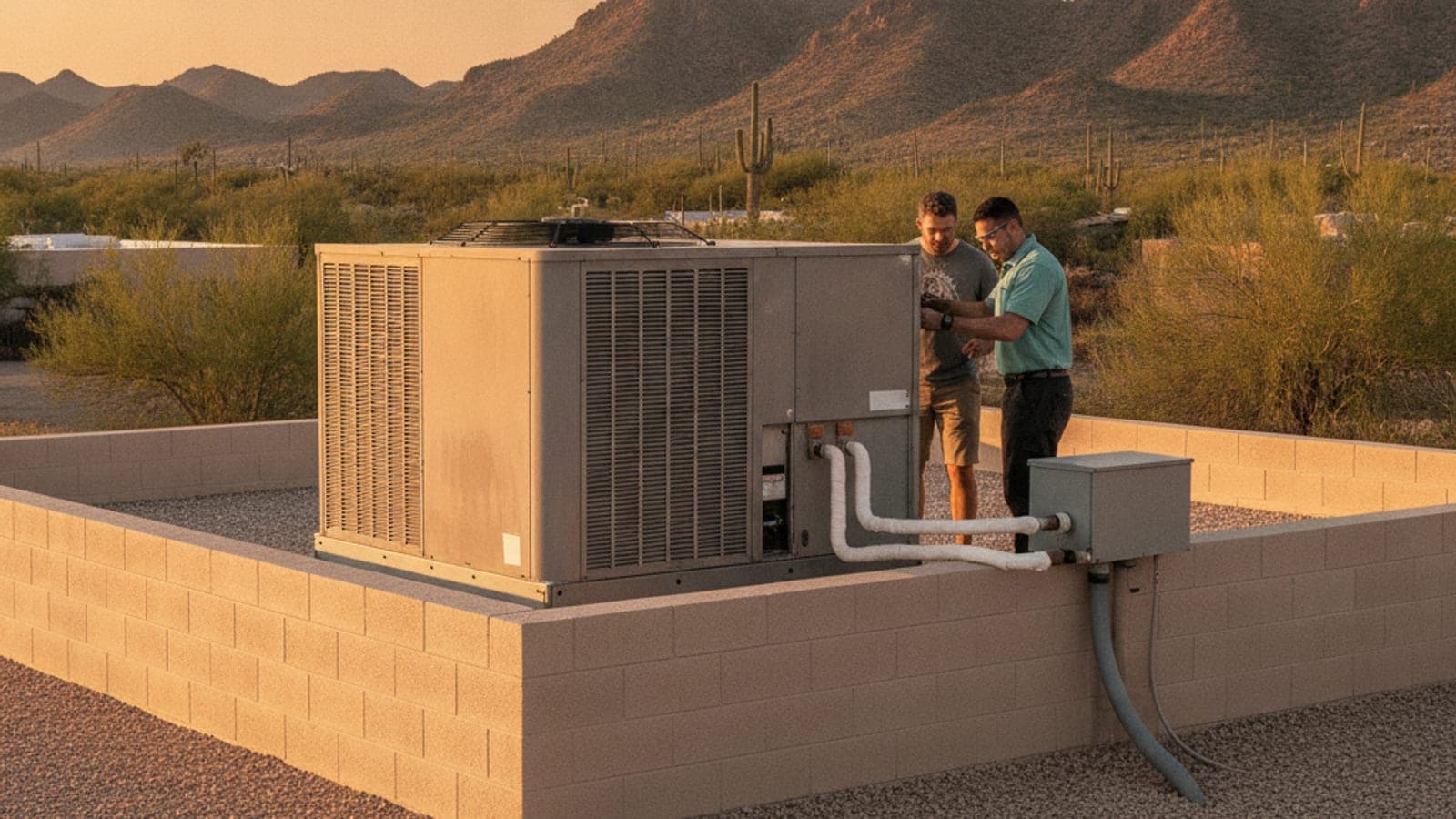 Unidad de aire acondicionado en el techo plano de una casa de block en Tucson al atardecer, con montañas del desierto al fondo