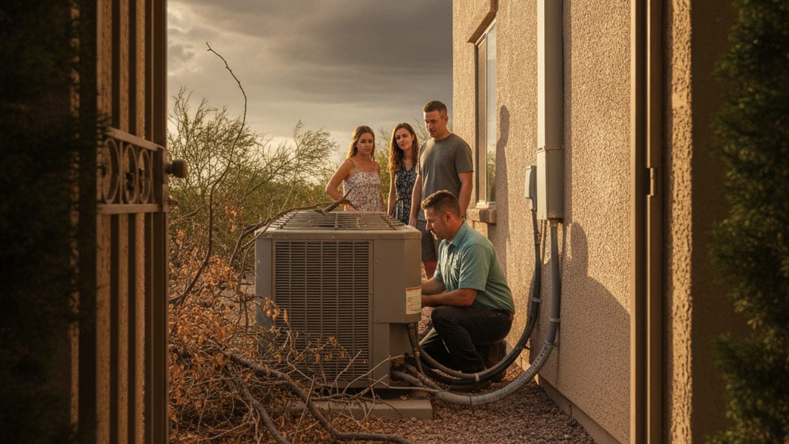 Unidad exterior de aire acondicionado sobre el suelo en una casa de Tucson, con polvo y vainas de mezquite alrededor de la base tras un viento de monzón