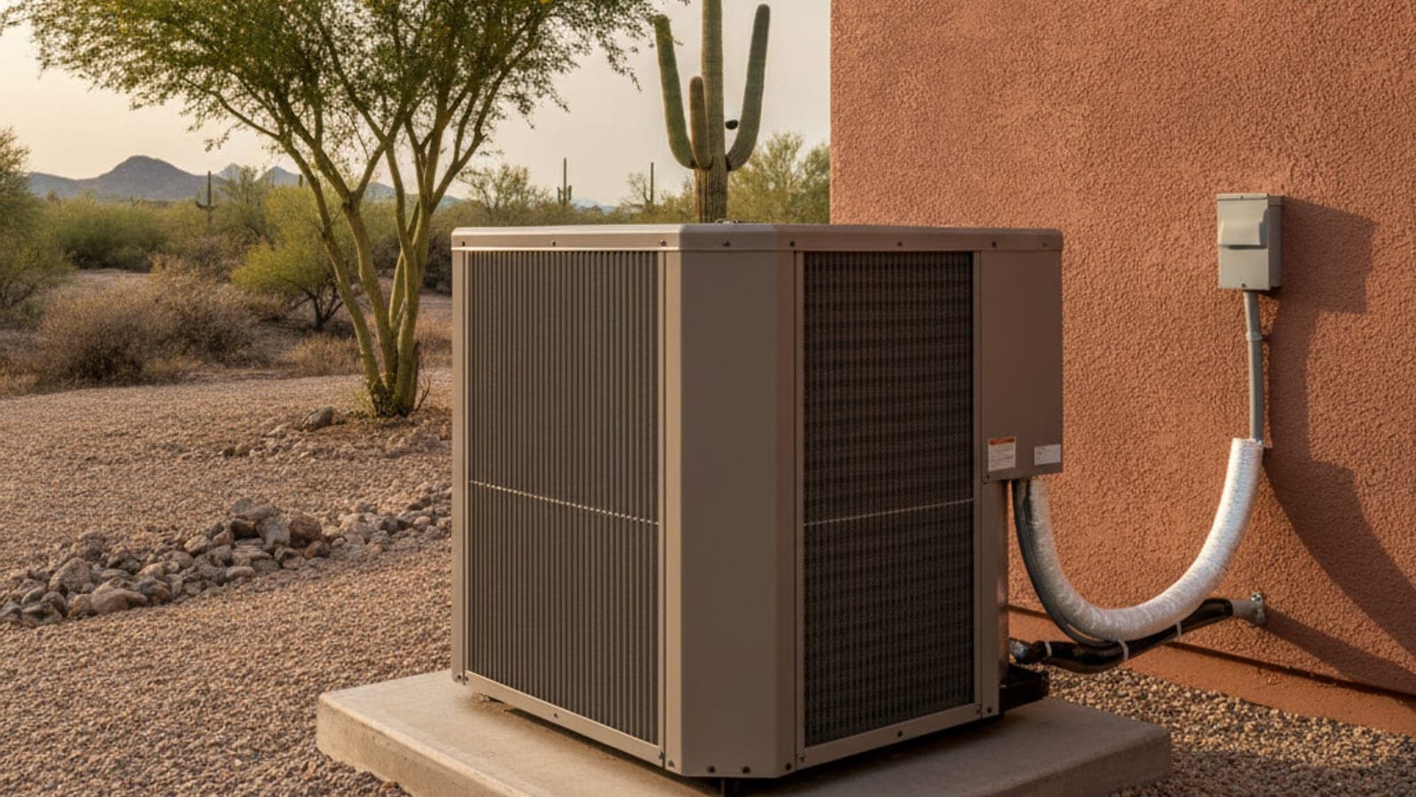 Unidad exterior de aire acondicionado junto a una casa de estuco con techo plano en Tucson bajo un cielo azul de desierto, con un palo verde cerca