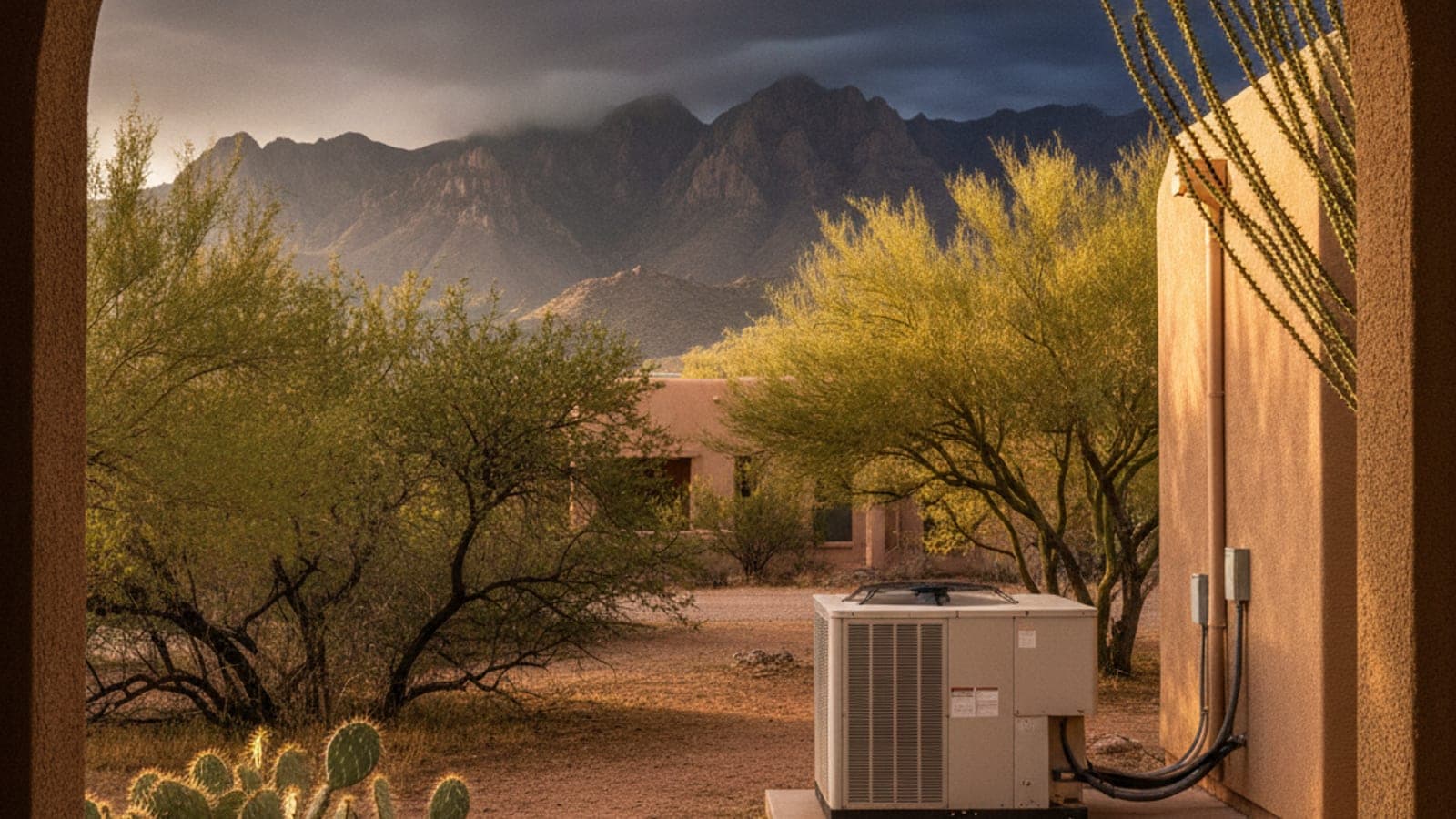 Nubes oscuras de tormenta de la monzón sobre una casa de estuco en Tucson con una unidad de aire afuera y un mezquite en el patio