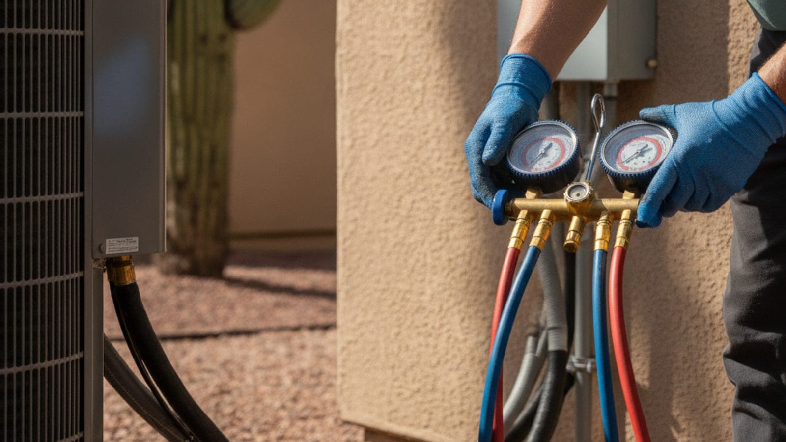Manos enguantadas de un técnico y un juego de manómetros en una unidad exterior de AC de una casa de Tucson con patio de grava y saguaro