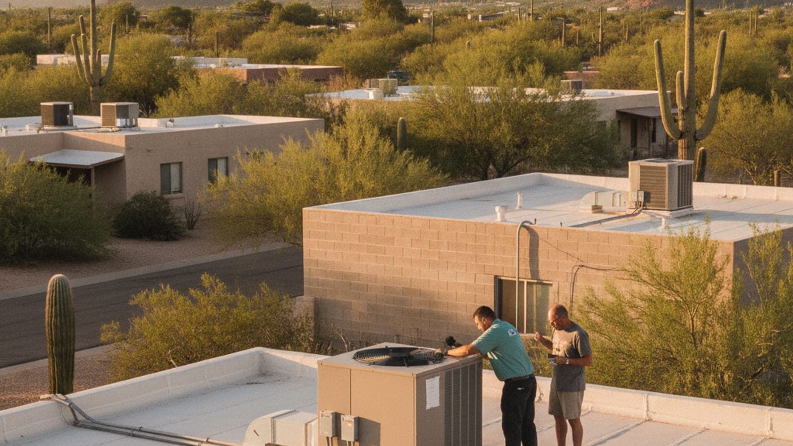 Vista aérea de un vecindario de Tucson con techos planos, unidades de aire acondicionado en el techo y las montañas Catalina al fondo