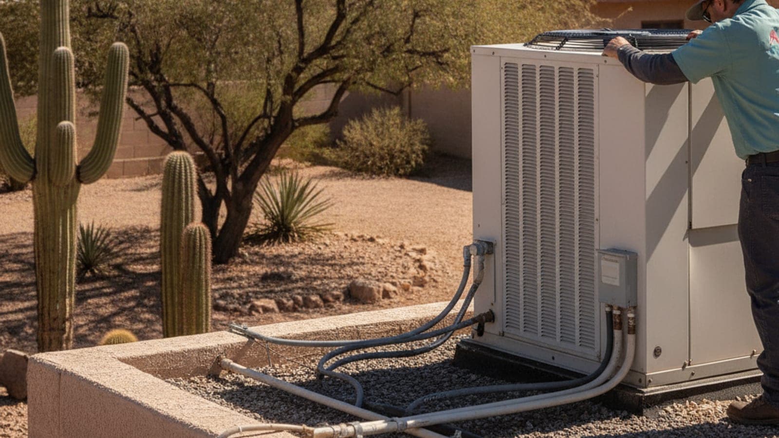 Casa de techo plano en Tucson con una unidad de aire acondicionado en el techo bajo el sol fuerte de la tarde y un mezquite cerca