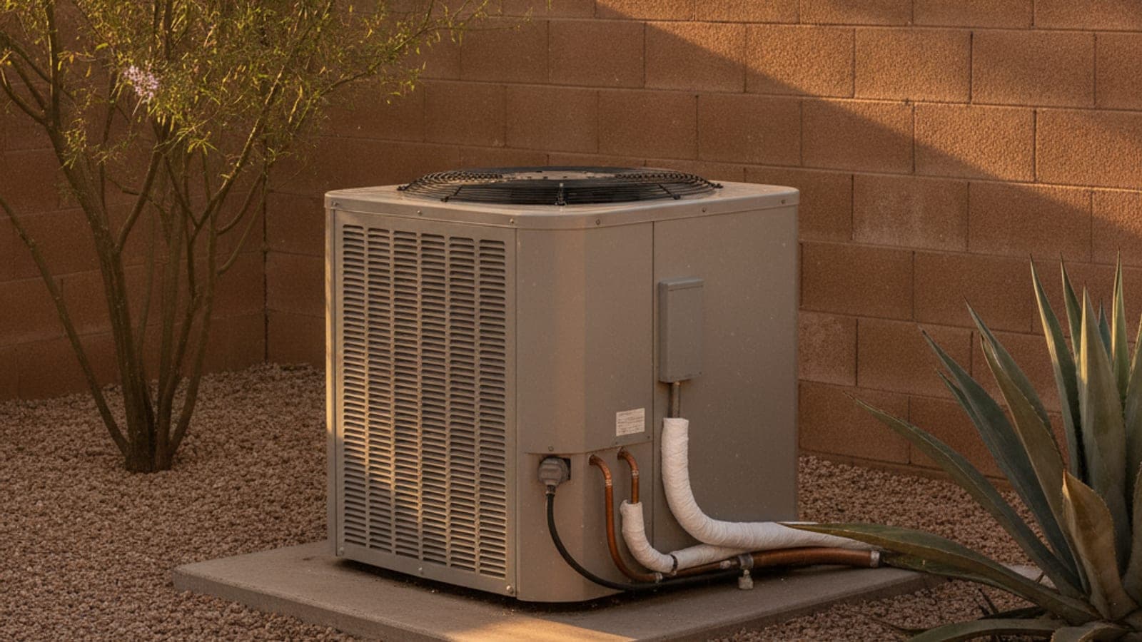 Condensador exterior de aire acondicionado junto a una barda de block en un patio de Tucson con grava y un sauce del desierto