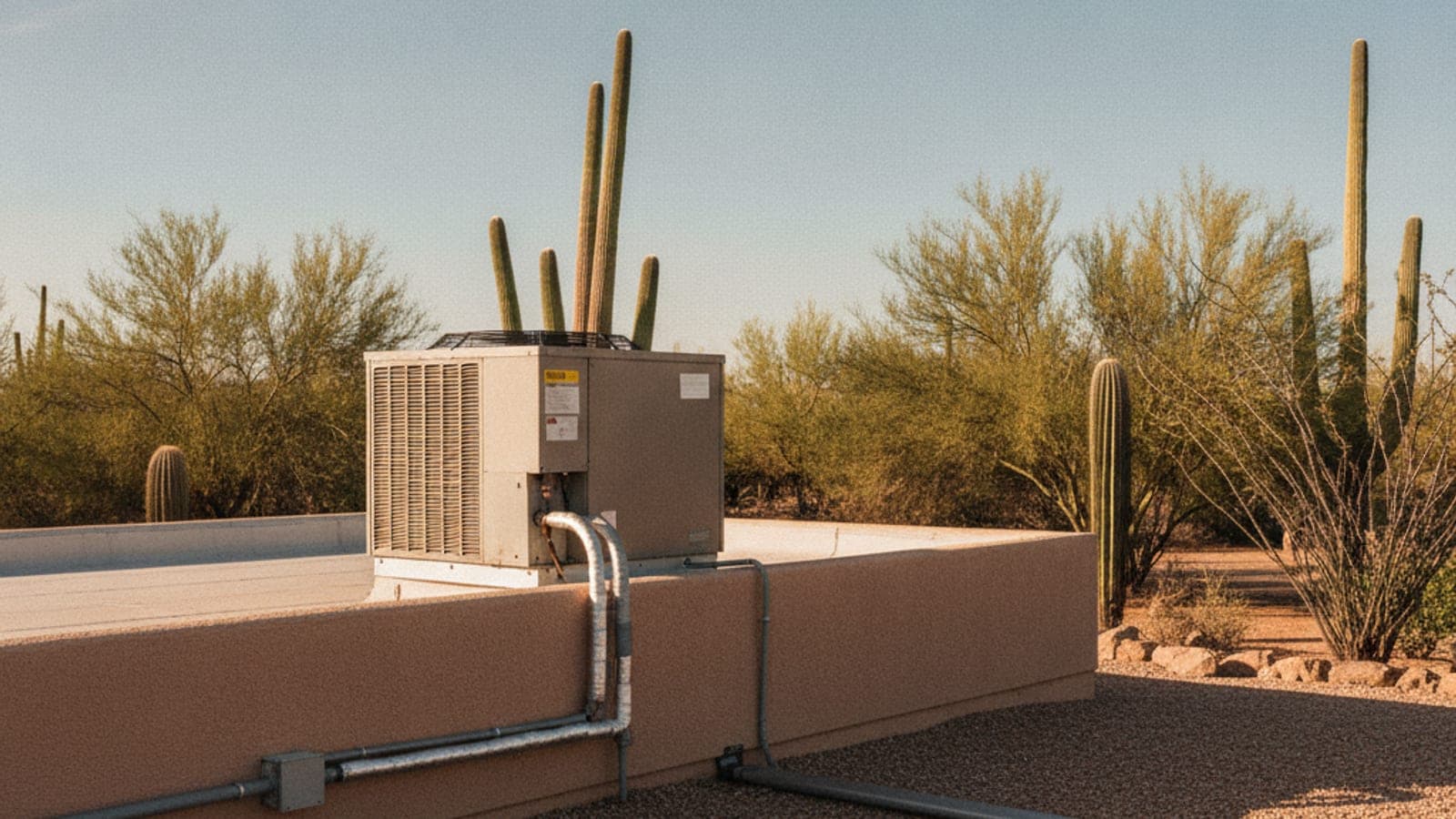 Unidad de aire acondicionado en el techo plano de una casa de Tucson bajo sol brillante, con árboles de mezquite abajo