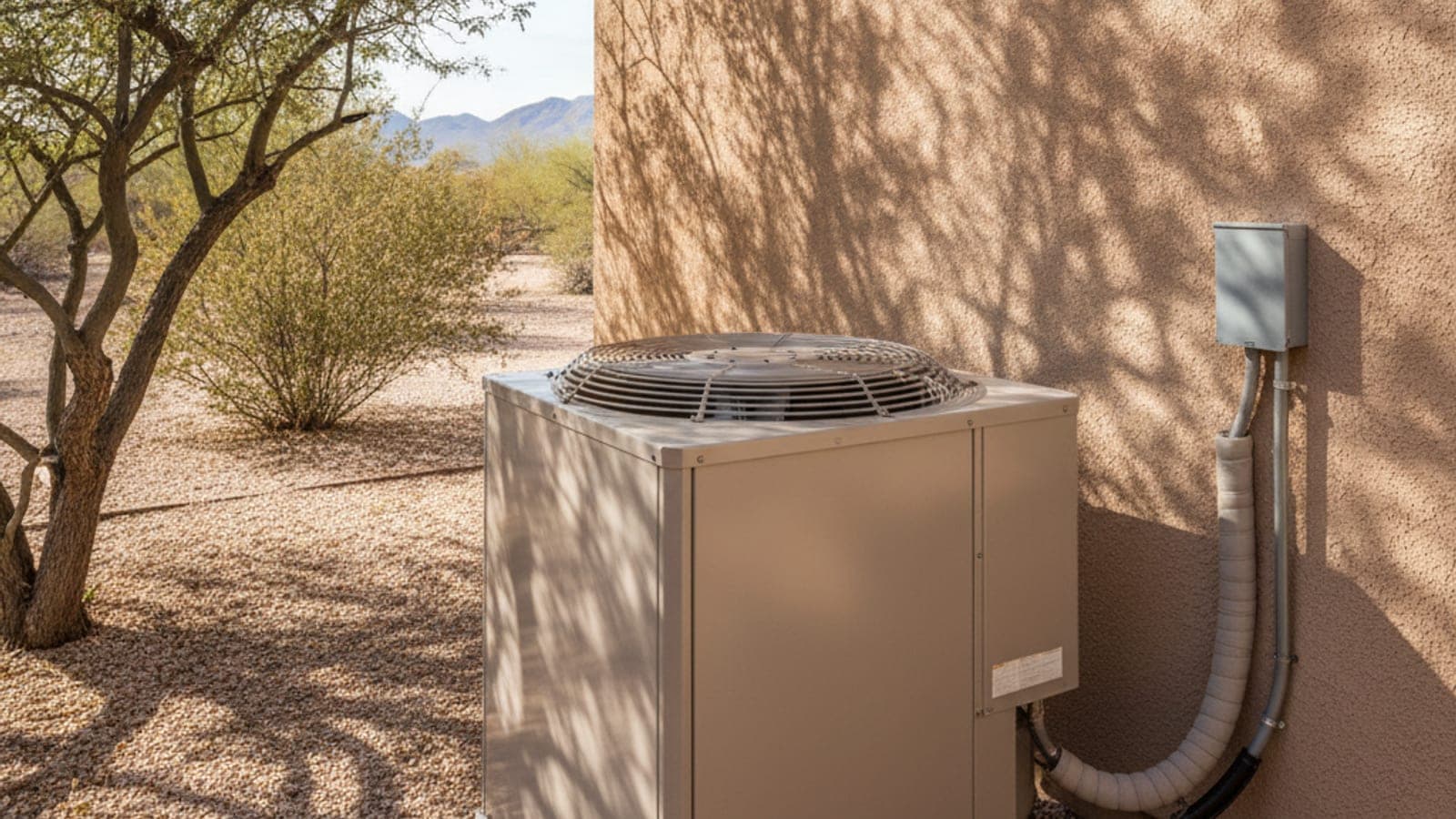 Condensador de aire acondicionado junto a una pared de estuco en Tucson con un patio de grava y un mezquite