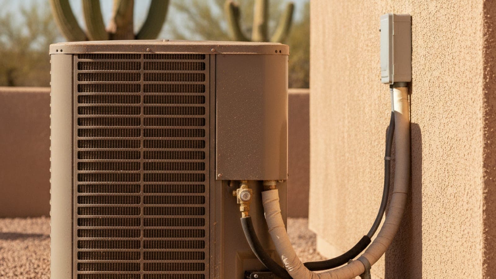 Unidad exterior de aire acondicionado en una casa de Tucson con las aletas llenas de polvo y un saguaro al fondo