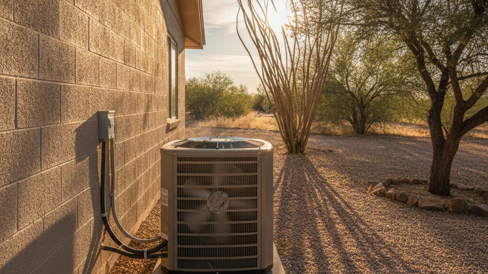Ventilador del condensador de un aire acondicionado girando bajo el sol de la tarde junto a un muro de bloque en una casa de Tucson con jardín de grava