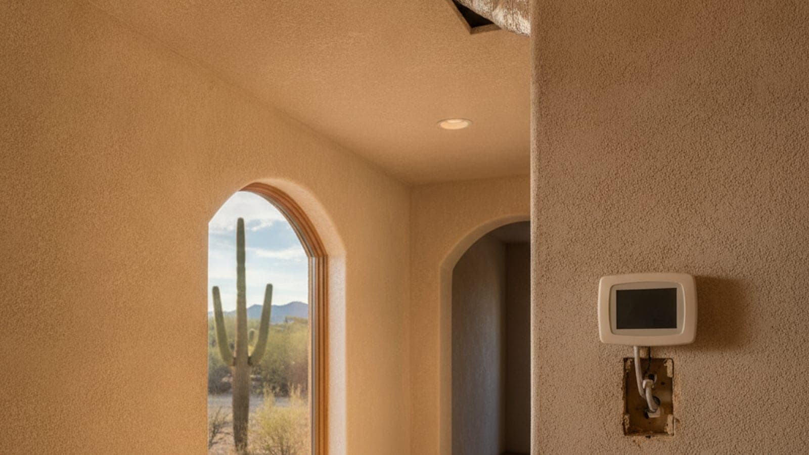 Pasillo de una casa en Tucson con una rejilla de suministro en el techo y un panel de termostato en la pared, con luz brillante del desierto desde una ventana lateral