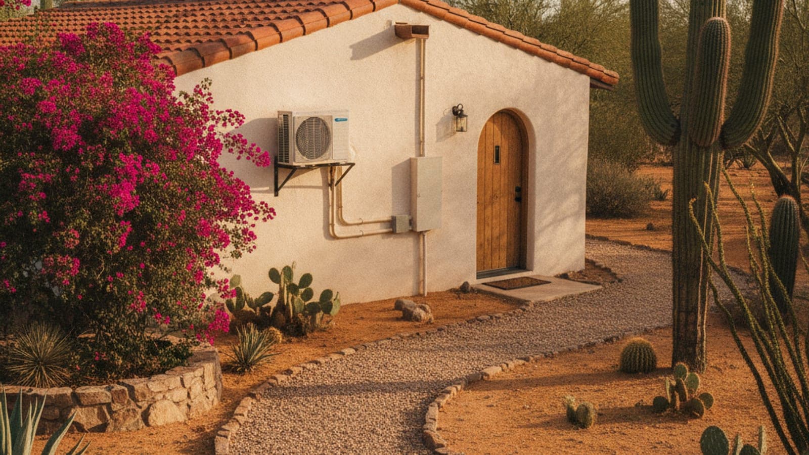 Casita con un condensador pequeño de minisplit en un soporte de pared, camino de grava, bugambilia y saguaro bajo la luz del desierto