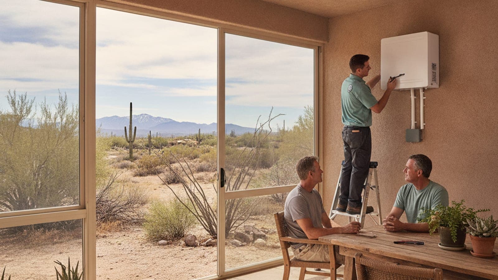 Cuarto de Arizona cerrado con grandes puertas de vidrio en una casa de estuco en Tucson y un minisplit de pared adentro