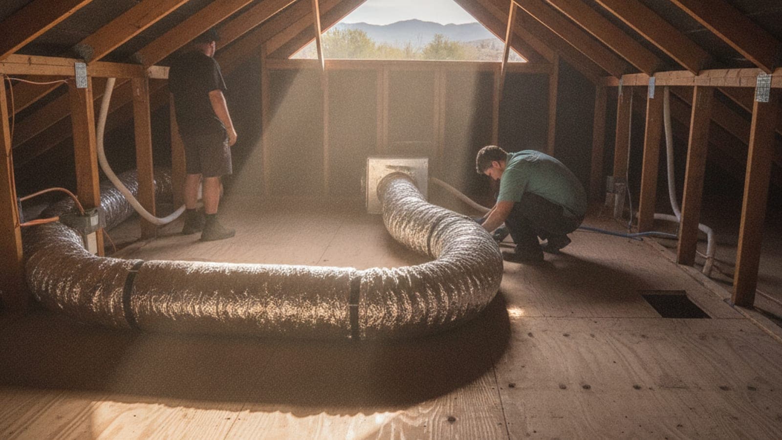 Ducto flexible aislado tendido sobre el piso de un ático en Tucson bajo un techo calentado por el sol, con vigas polvorientas y luz suave desde una rejilla