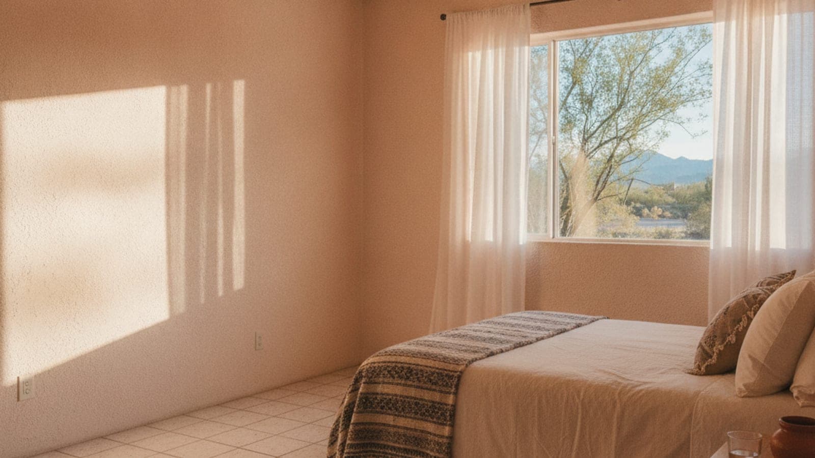 Recámara soleada en Tucson con una ventana al poniente, cortinas ligeras y un ventilador de techo, con luz cálida del desierto sobre la pared