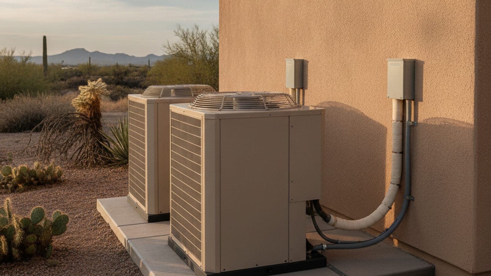 Dos unidades exteriores de aire acondicionado lado a lado sobre una base junto a una casa de estuco en Tucson, bajo el sol del desierto