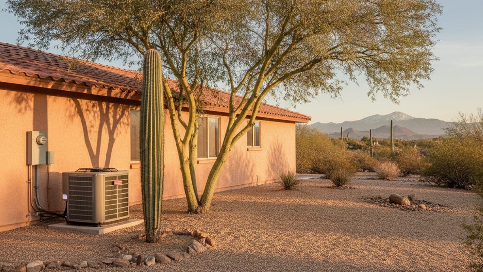 Casa de estuco en Tucson al atardecer con un condensador sobre base en el suelo junto a un saguaro y un palo verde