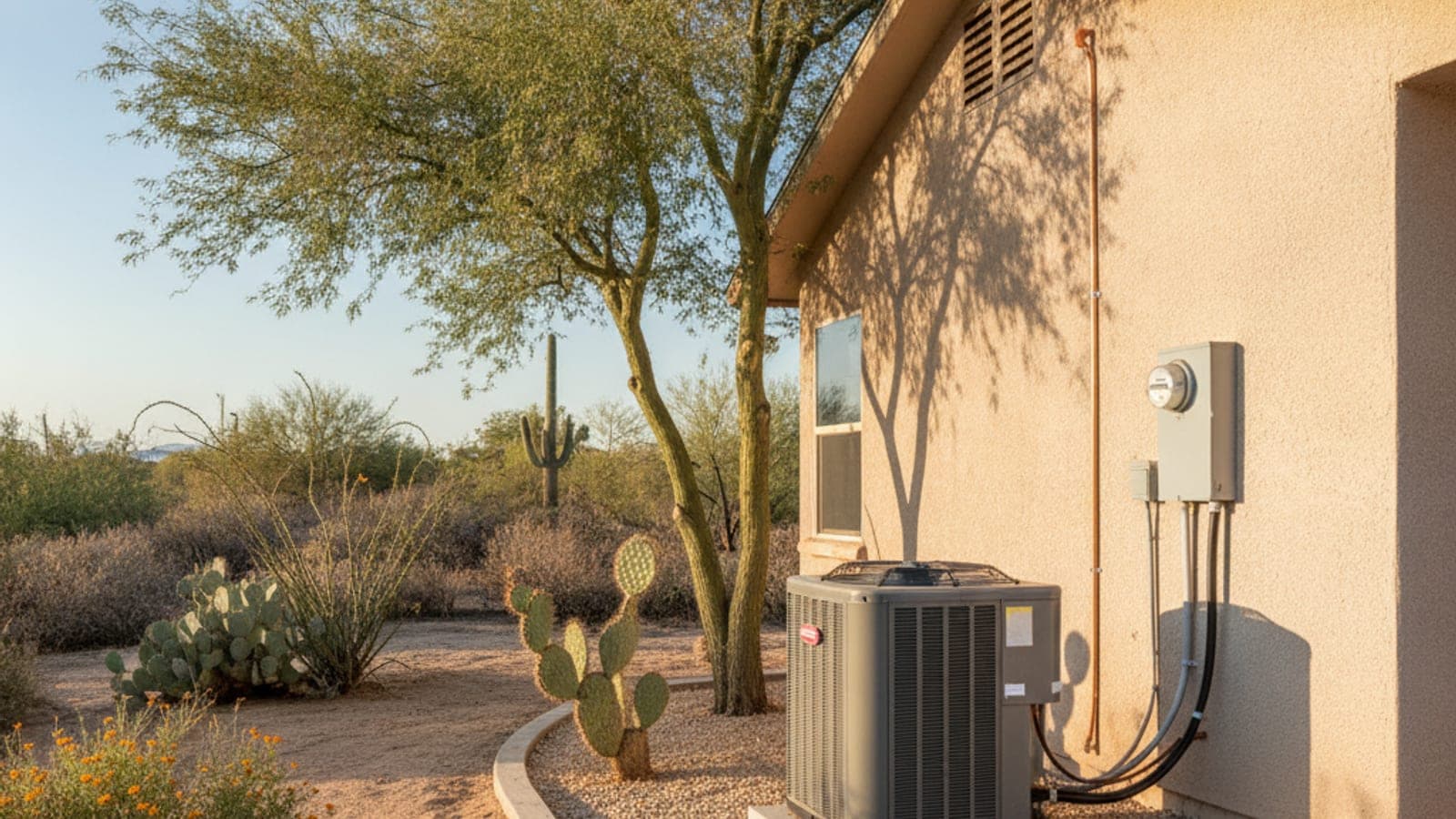 Una casa de estuco con una unidad exterior nueva de aire acondicionado junto a un palo verde bajo la suave luz de la mañana del desierto de Sonora