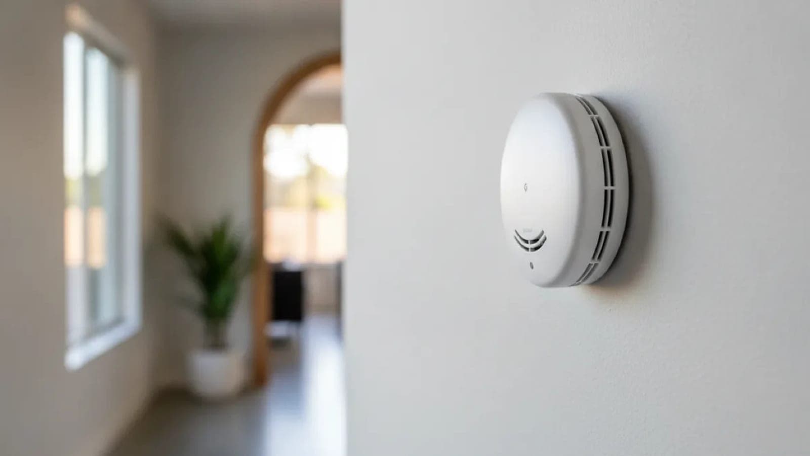 Una alarma blanca en la pared de un pasillo cerca de una puerta en arco