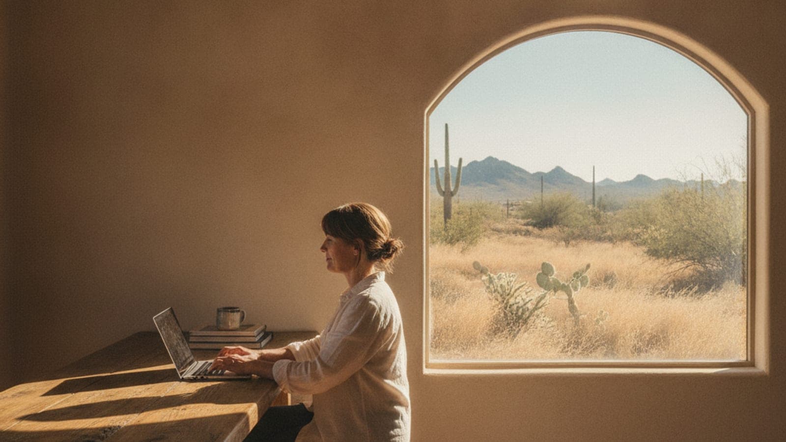 Dueña de casa verificando la licencia de un contratista en una laptop en la mesa de la cocina de una casa de estuco en Tucson