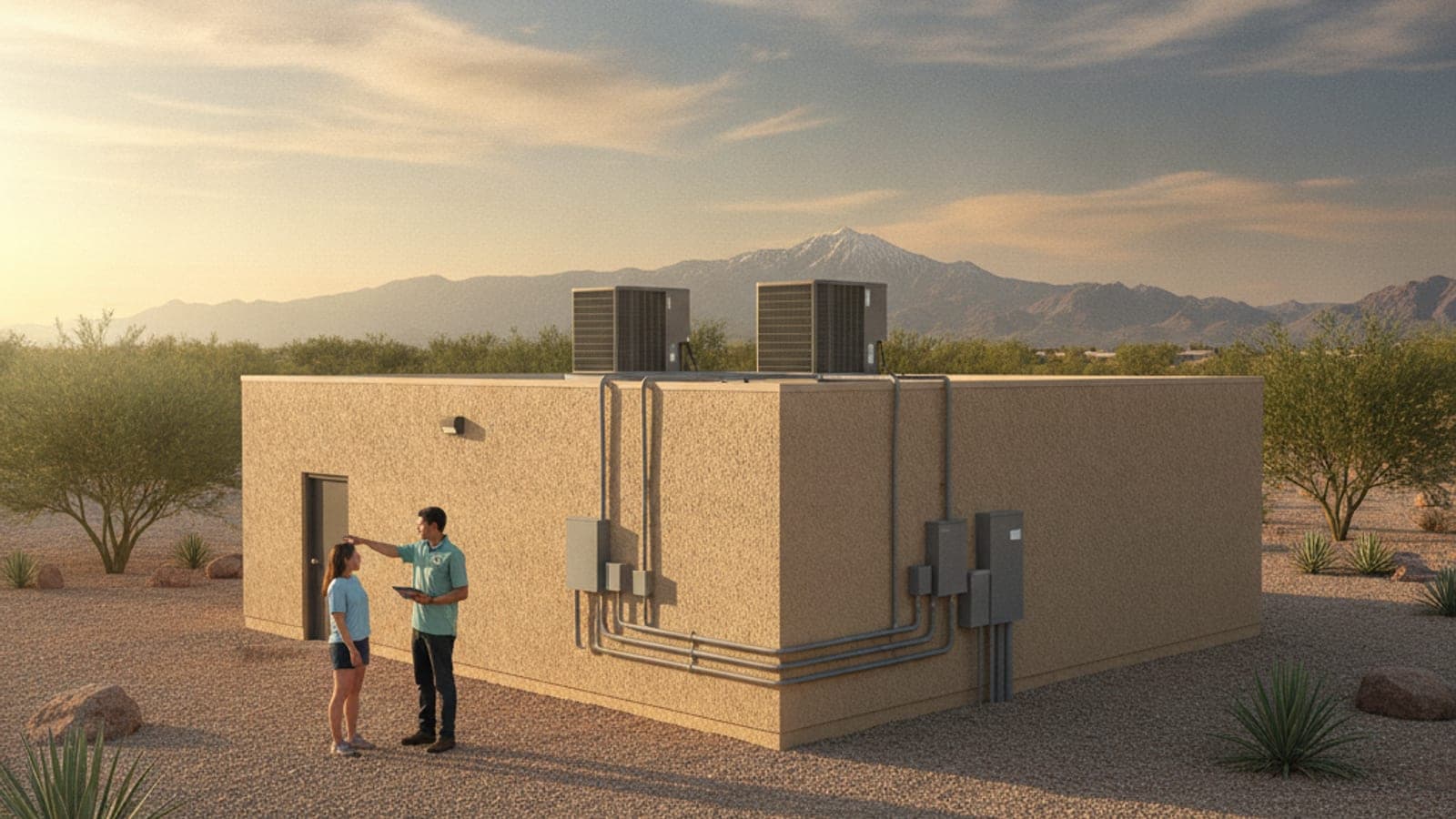 Edificio comercial pequeño en Tucson con techo plano y unidades de HVAC en el techo bajo un cielo brillante del desierto