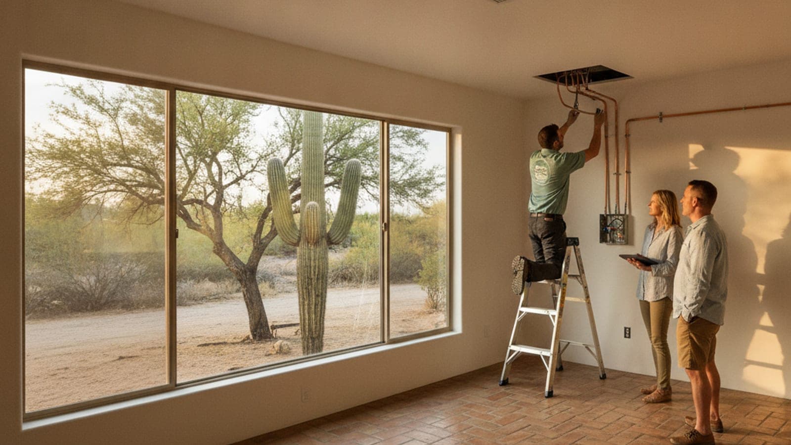 Sala remodelada en Tucson con techo plano y una rejilla de suministro delgada, con luz del desierto entrando por una ventana grande