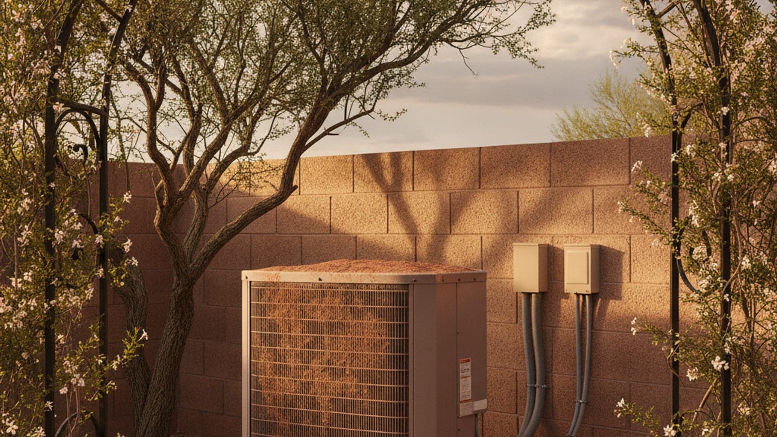 Serpentín de condensador de aire acondicionado cubierto de polvo junto a una barda de block en un patio de Tucson con un mezquite y luz baja del monzón