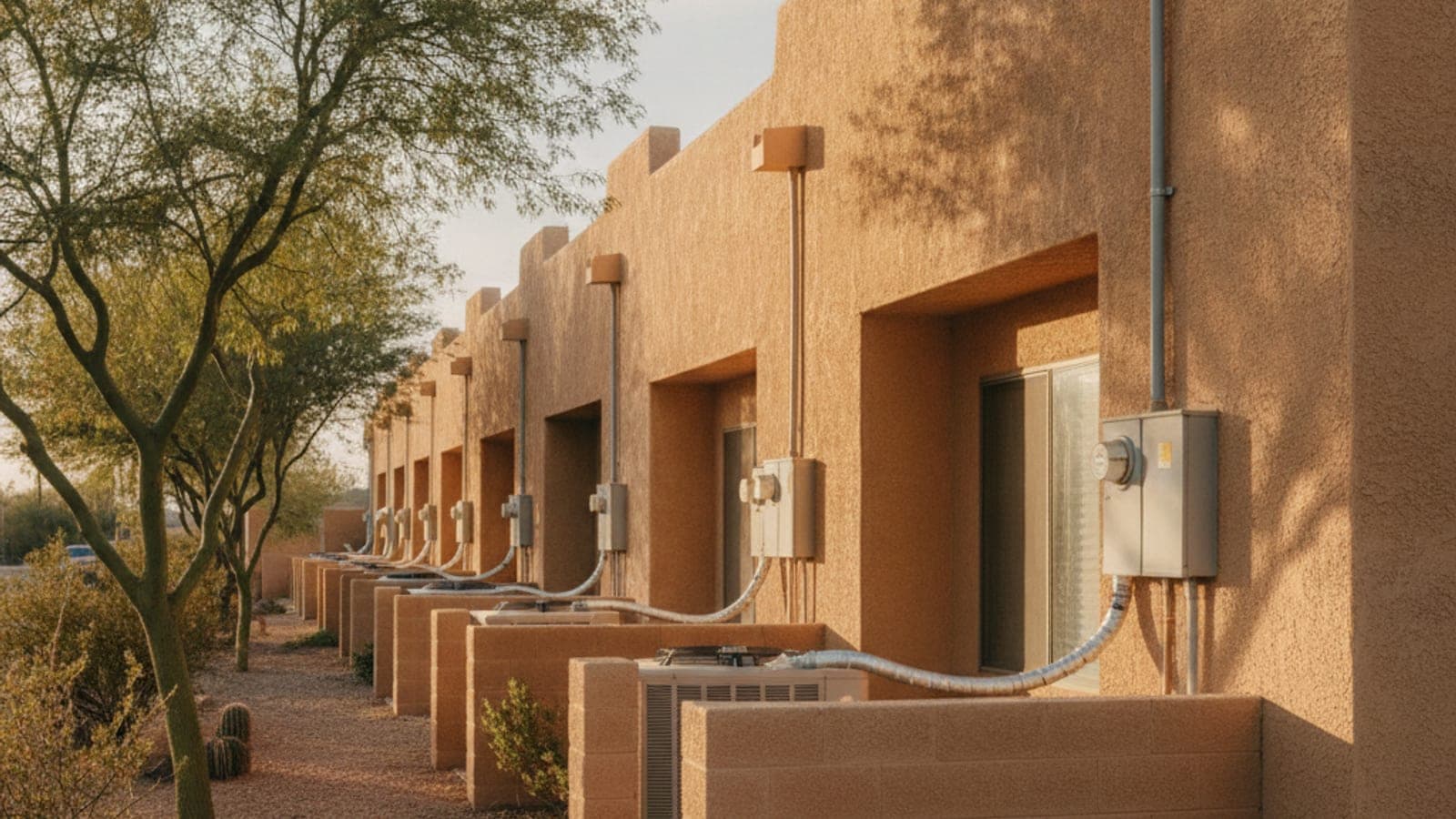 Hilera de casas adosadas de estuco en Tucson con equipo en el techo oculto detrás de muros de parapeto y un palo verde