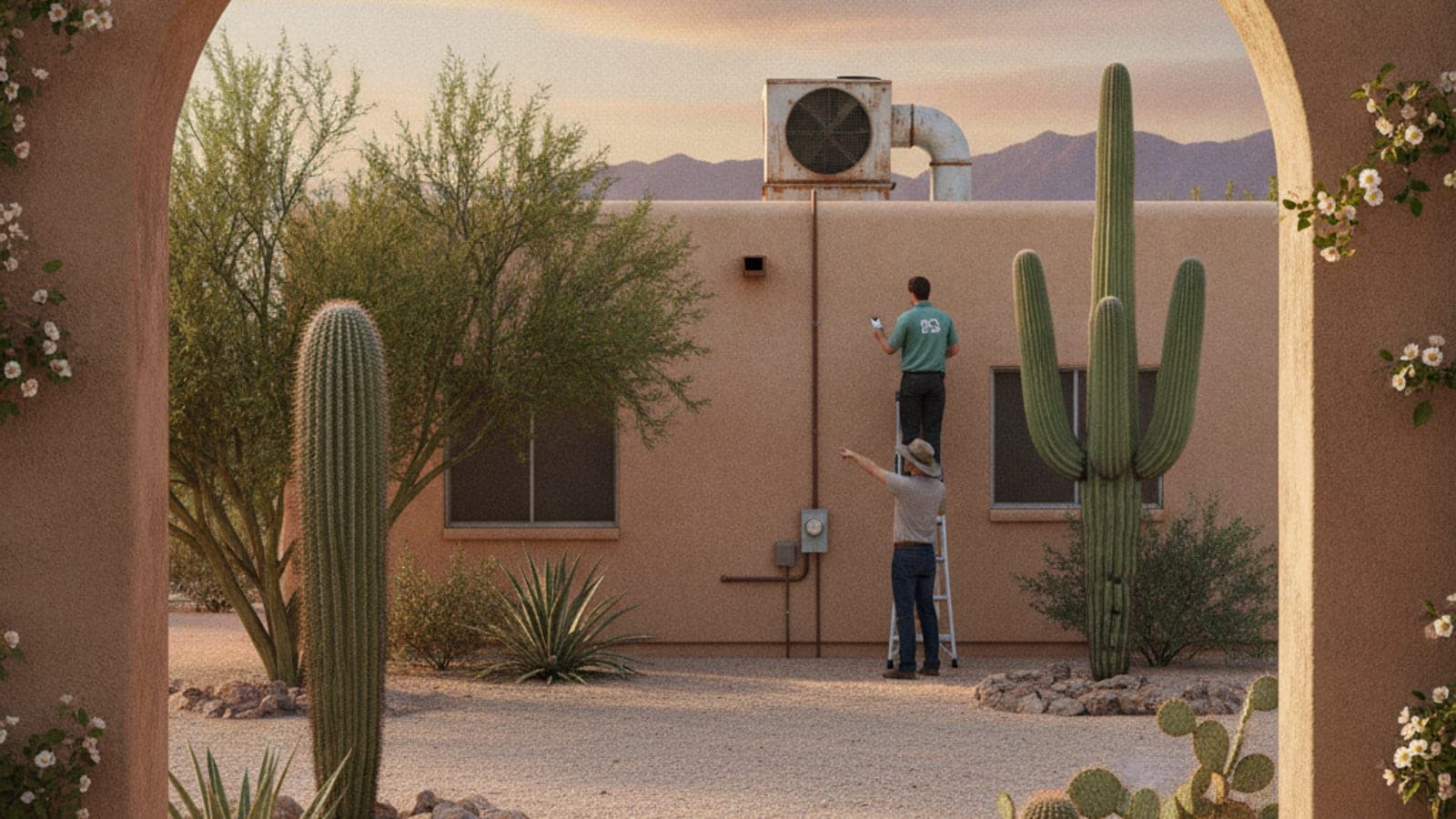 Casa de estuco con techo plano en Tucson con un enfriador evaporativo en el techo junto a un condensador de aire en el suelo y un mezquite