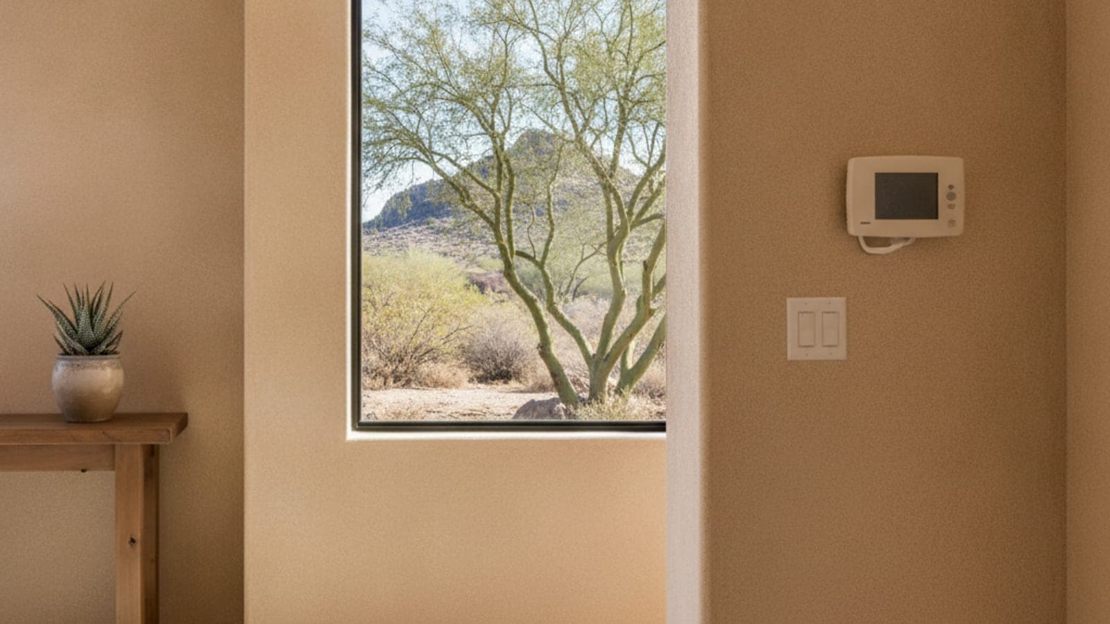 Dueña de casa en Tucson leyendo el termostato en una cocina luminosa con luz del desierto que entra por una ventana