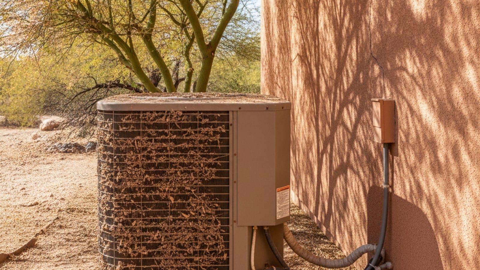 Serpentín polvoso de un condensador de AC junto a una pared de estuco en Tucson con una escalera y un palo verde