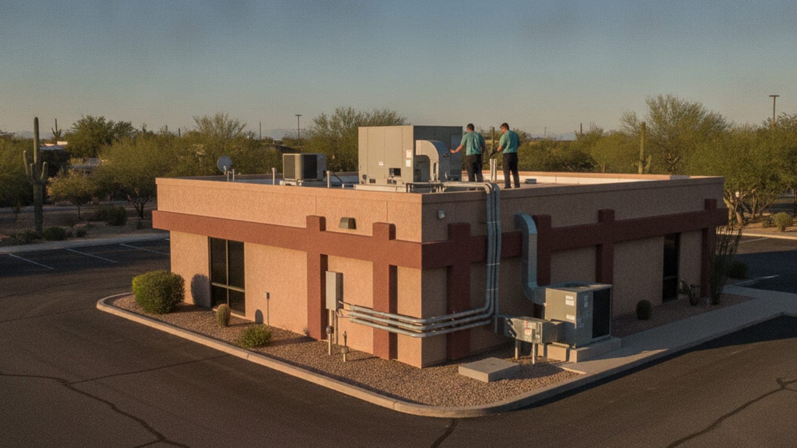 Edificio pequeño de consultorios médicos con unidades de HVAC en el techo en una plaza comercial de Tucson bajo un cielo despejado de desierto