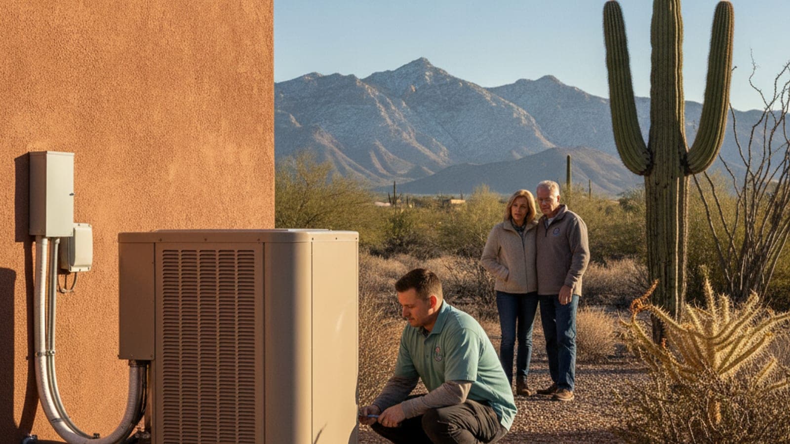 Unidad exterior de bomba de calor junto a una casa de estuco en Tucson en una mañana clara de invierno, con saguaros y las montañas Catalina al fondo