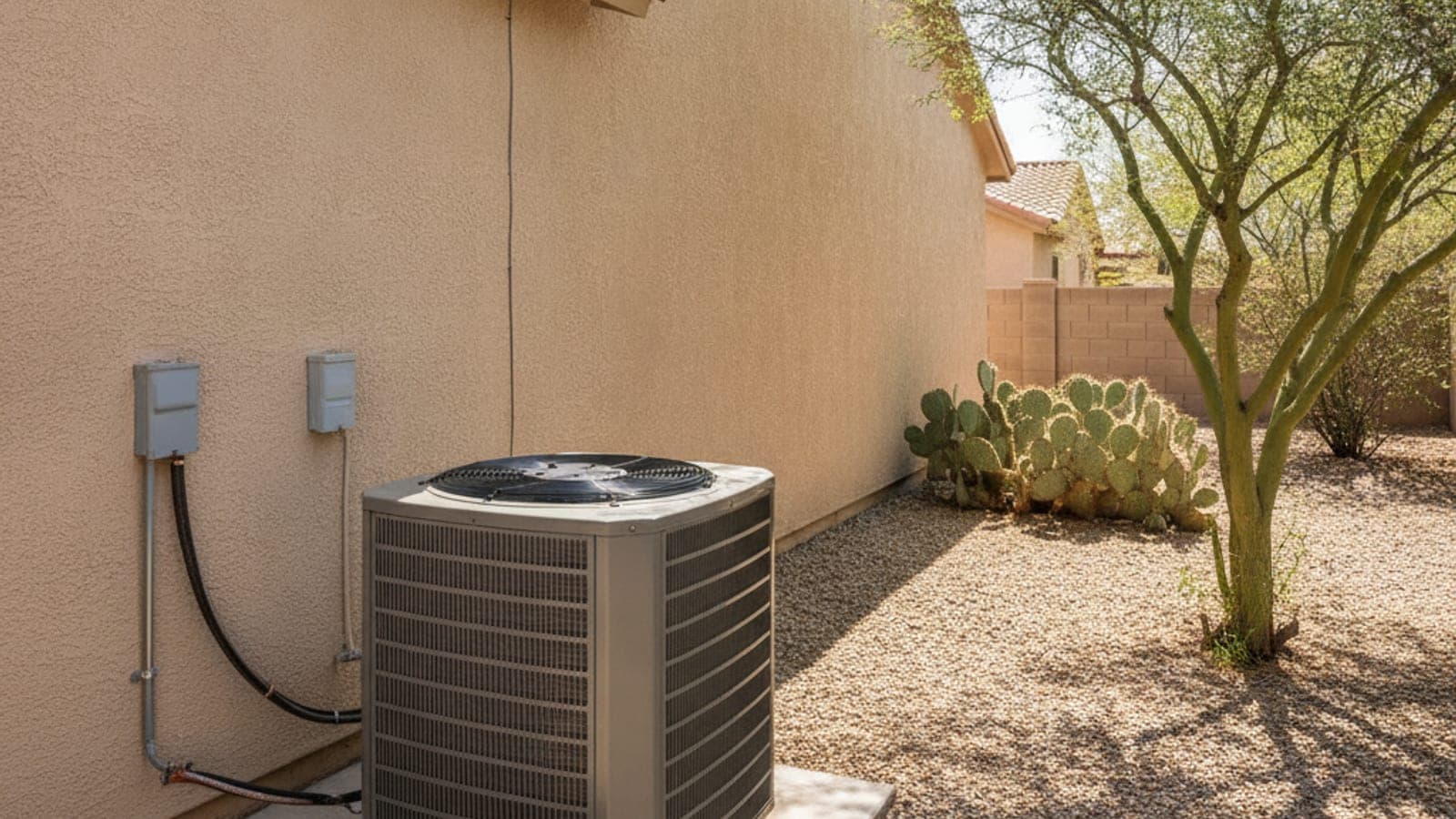 Casa de bloques en Tucson donde se coloca un condensador nuevo sobre una base a nivel del suelo, junto a un patio de grava, un palo verde y cielo despejado