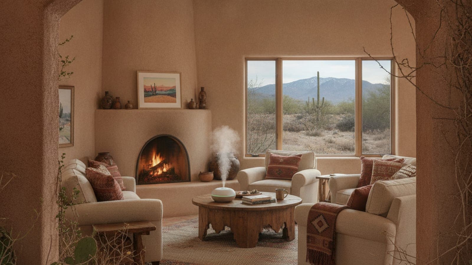 Sala acogedora en Tucson en invierno con una rejilla en el techo y un humidificador pequeño sobre una mesa de madera