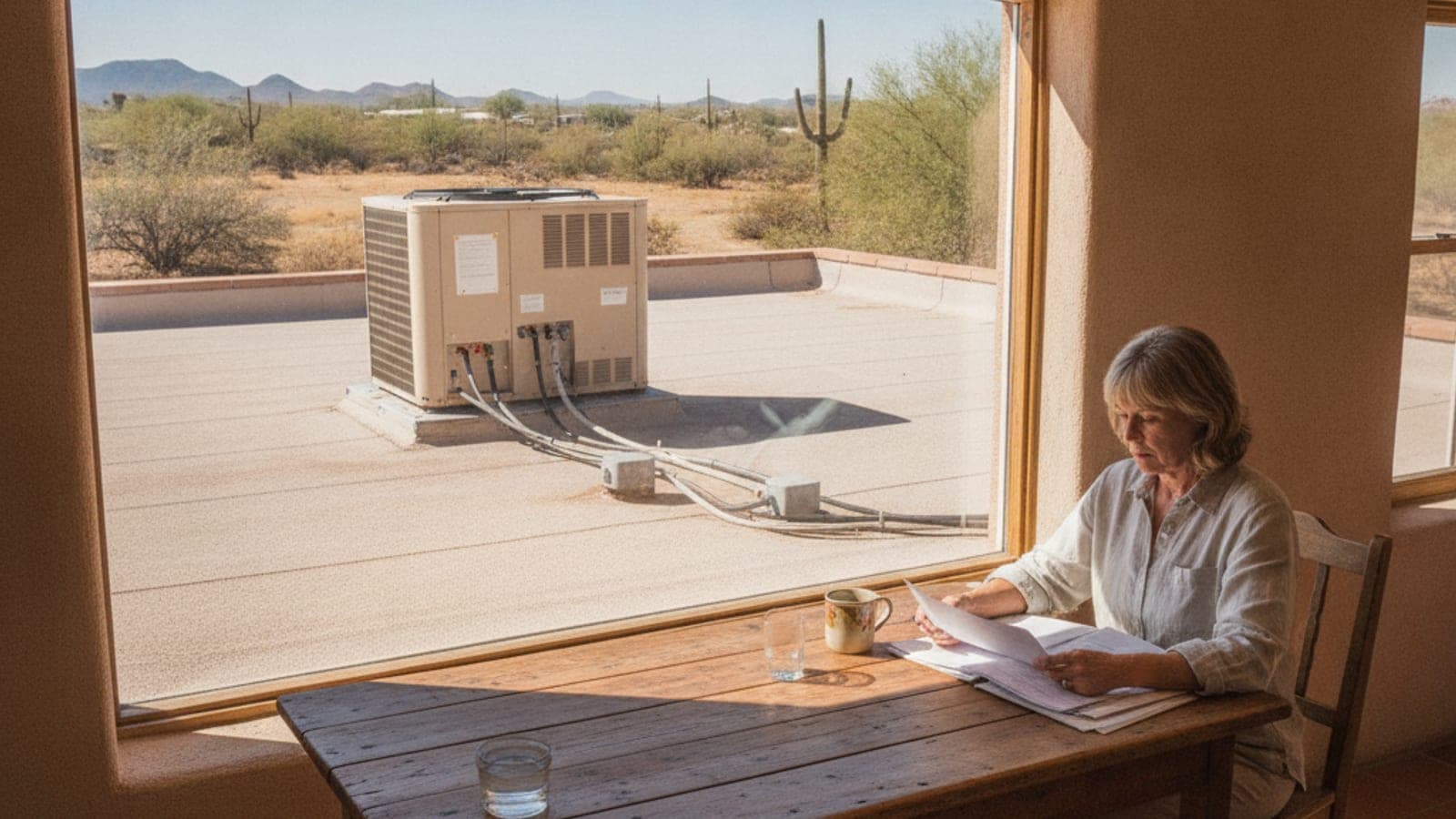 Dueño de casa leyendo un contrato de servicio en la mesa de la cocina de una casa de adobe en Tucson, con una unidad de techo visible por la ventana
