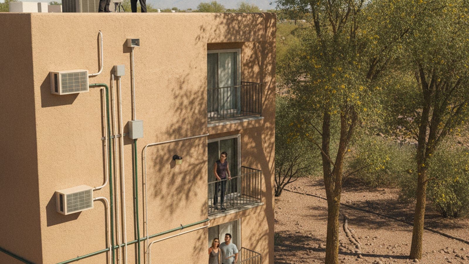 Edificio de apartamentos con paredes de estuco y unidades de enfriamiento en la pared bajo un cielo caliente de Tucson